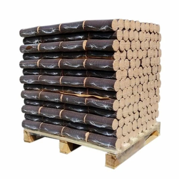 Madera comprimida - palé con 96 paquetes de 5 troncos cada uno