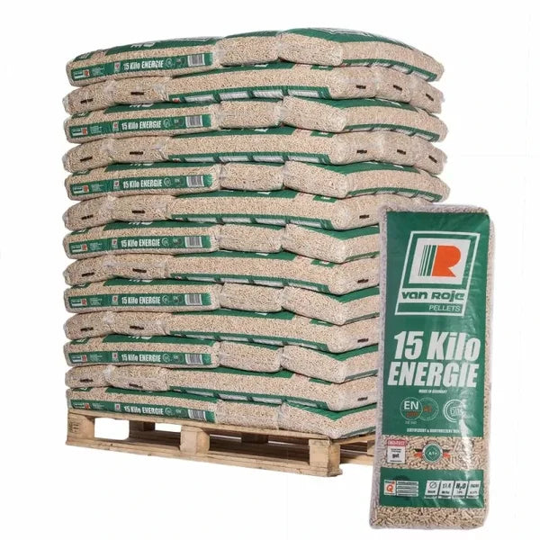 Palé de pellets de madera Van Roje con 65 sacos de 15 kg